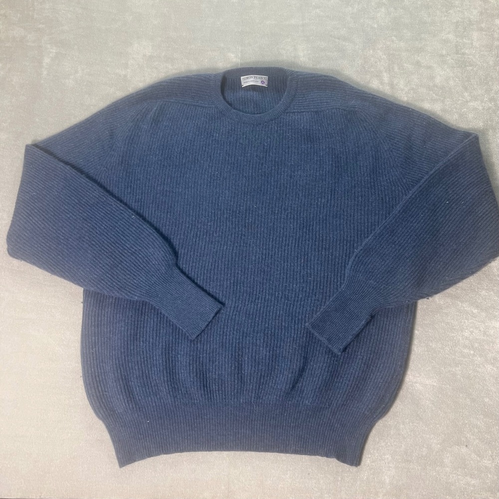 Simon Pearce Merino Angora Wool Ribbed Sweater Blue Made in Scotland Mens 46in